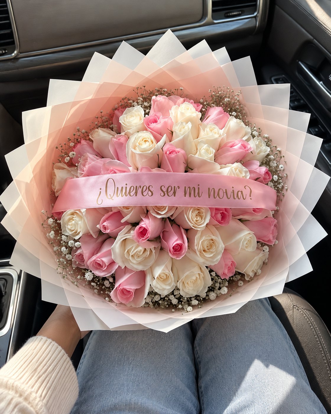 Ramo de rosas rosadas y blancas con lazo que dice Quieres ser mi novia