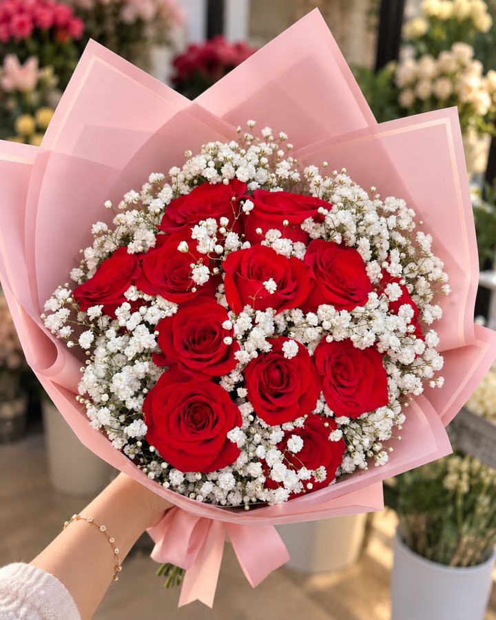 Ramo de 12 rosas rojas con baby's breath en wrap rosa