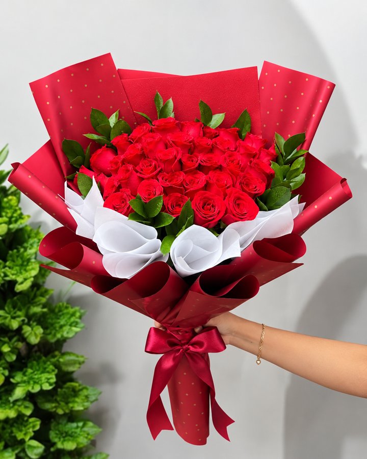 Ramo de 24 rosas rojas en wrap blanco