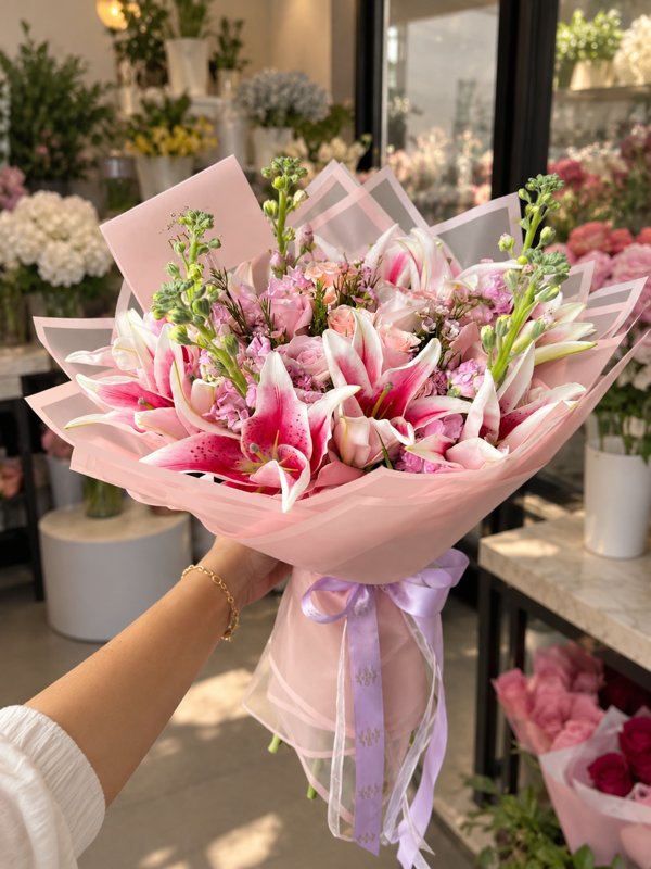 Ramo de lirios rosados, rosas y alhelíes en wrap rosa
